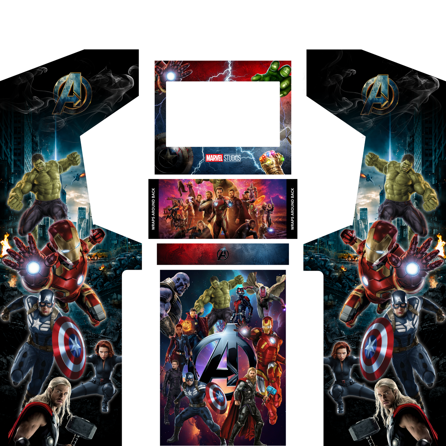 Marvel Avengers arcade cabinet wrap kit without marquee artwork featuring Iron Man, Captain America, Thor and Hulk for DIY arcade machines.
