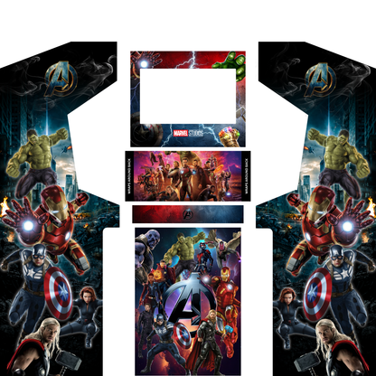 Marvel Avengers arcade cabinet wrap kit without marquee artwork featuring Iron Man, Captain America, Thor and Hulk for DIY arcade machines.