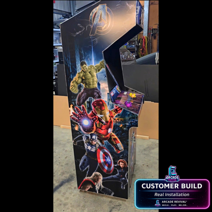Marvel Avengers arcade cabinet wrap customer build side view showing full Avengers side panel artwork featuring Hulk Iron Man Captain America Black Widow and Thor on a DIY arcade cabinet.