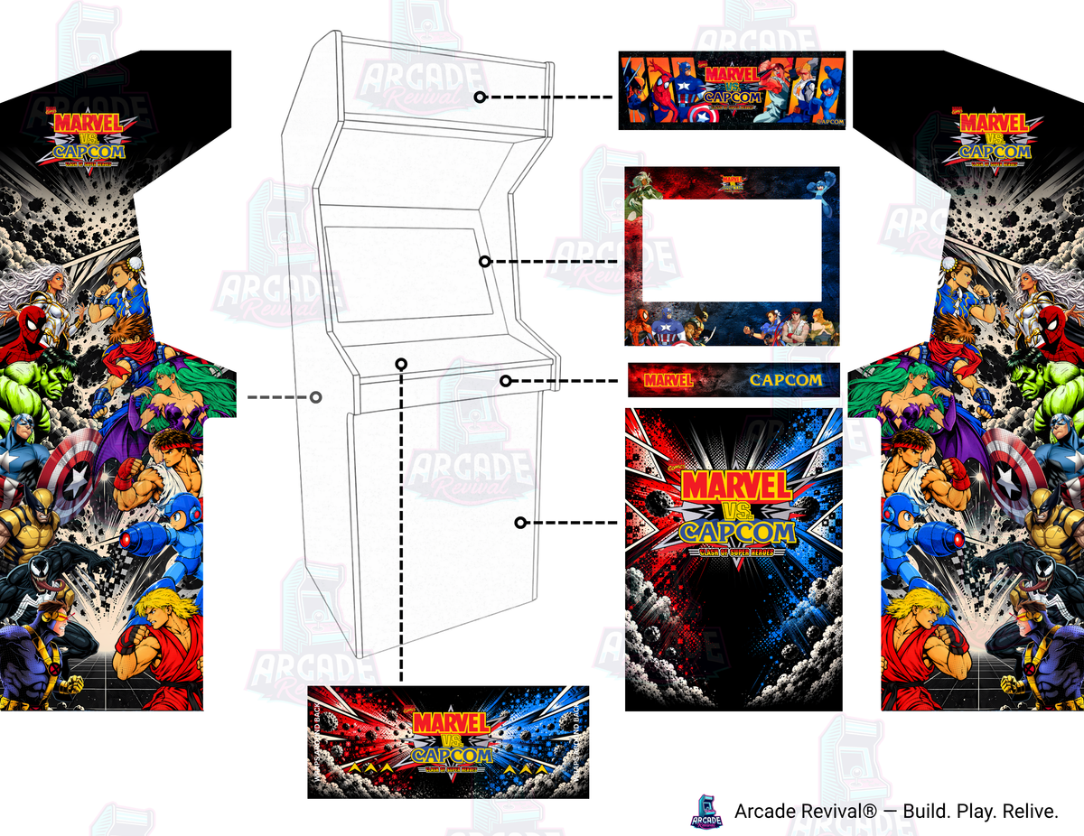 Marvel vs Capcom arcade cabinet wrap kit mockup for Arcade Revival upright arcade cabinet showing placement of the Spider-Man, Wolverine, Ryu and Mega Man side art, Clash of Super Heroes marquee, hero bezel, red and blue control panel and Marvel vs Capcom logo kick panel