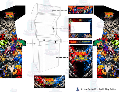 Marvel vs Capcom arcade cabinet wrap kit mockup for Arcade Revival upright arcade cabinet showing placement of the Spider-Man, Wolverine, Ryu and Mega Man side art, Clash of Super Heroes marquee, hero bezel, red and blue control panel and Marvel vs Capcom logo kick panel