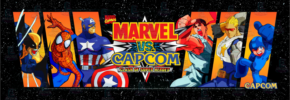 Marvel vs. Capcom arcade marquee reproduction featuring Wolverine, Spider-Man, Captain America, Ryu, Captain Commando and Mega Man around the Clash of Super Heroes logo for arcade cabinets.