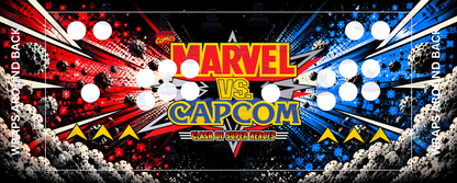 Marvel vs. Capcom inspired arcade control panel overlay with 2 player button layout featuring the bold Marvel vs. Capcom Clash of Super Heroes logo between a red comic burst and electric blue starfield for DIY arcade cabinet builds.