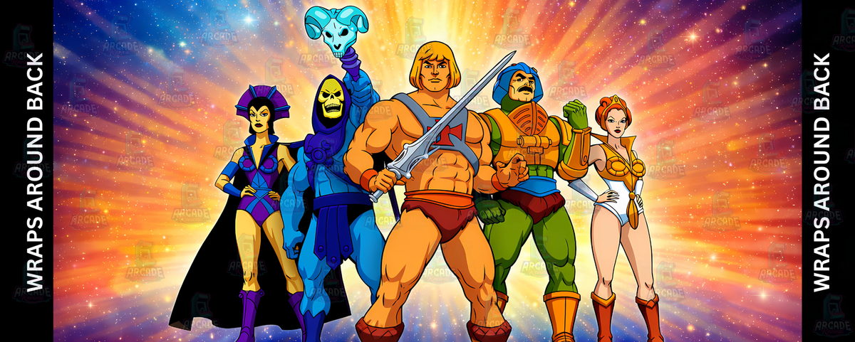 Masters of the Universe inspired arcade control panel overlay featuring He-Man Skeletor and the full cast of heroes and villains against a dramatic cosmic burst backdrop for DIY arcade cabinet builds.