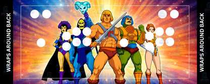 Masters of the Universe inspired arcade control panel overlay with 2 player button layout featuring He-Man Skeletor and the full cast of heroes and villains against a dramatic cosmic burst backdrop for DIY arcade cabinet builds.