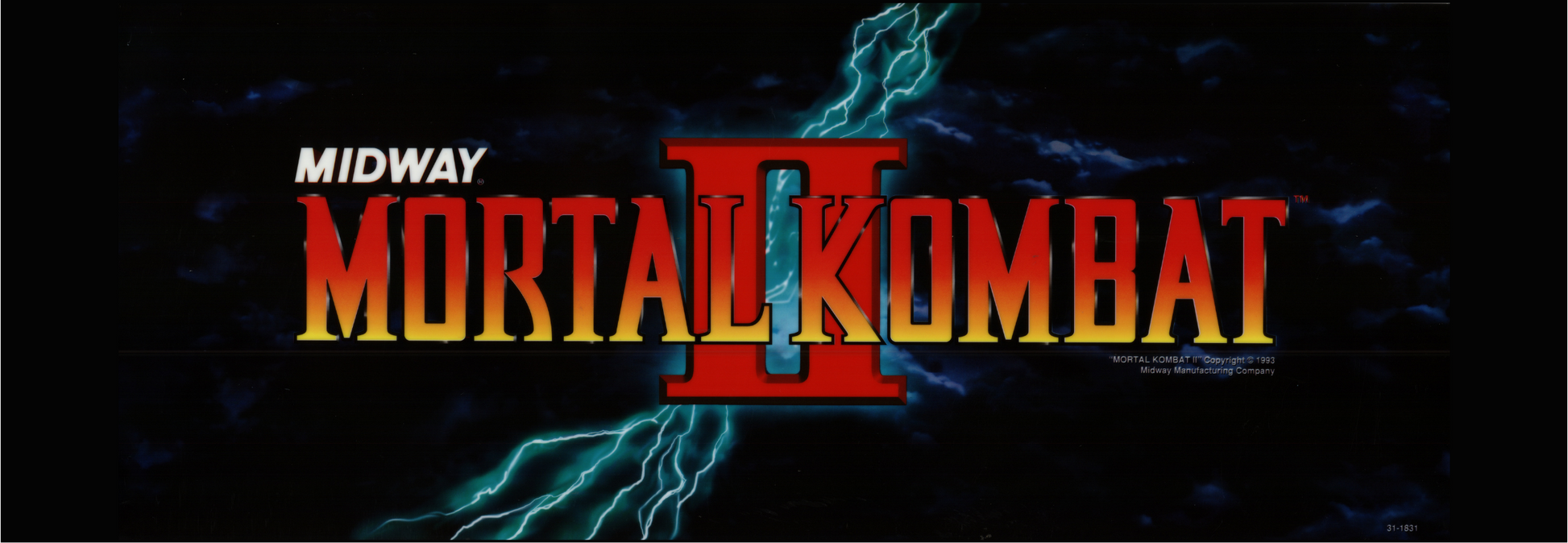 Mortal Kombat II arcade marquee reproduction with classic 1993 logo, lightning effects and dark storm background for retro arcade cabinets.