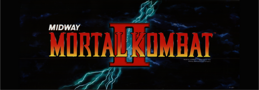Mortal Kombat II arcade marquee reproduction with classic 1993 logo, lightning effects and dark storm background for retro arcade cabinets.