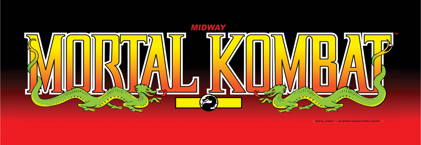 Mortal Kombat arcade marquee reproduction featuring the original 1992 Midway logo with bold yellow lettering twin green dragons and deep red and black background for arcade cabinets.
