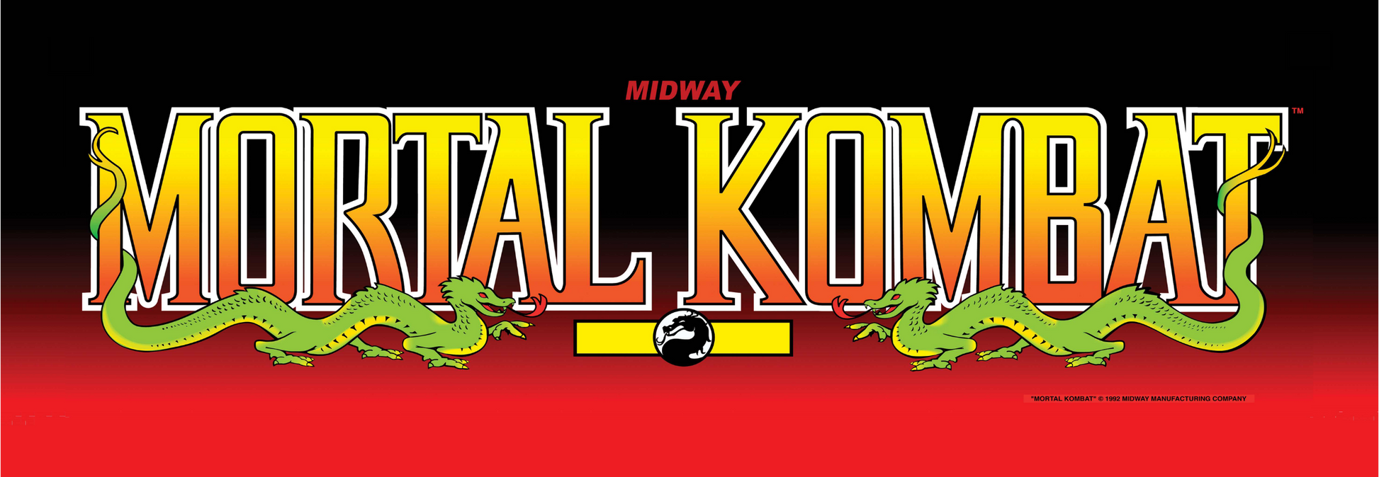 Mortal Kombat arcade marquee reproduction featuring the original 1992 Midway logo with bold yellow lettering twin green dragons and deep red and black background for arcade cabinets.