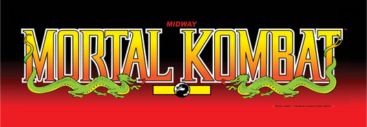 Mortal Kombat arcade marquee reproduction featuring the original 1992 Midway logo with bold yellow lettering twin green dragons and deep red and black background for arcade cabinets.