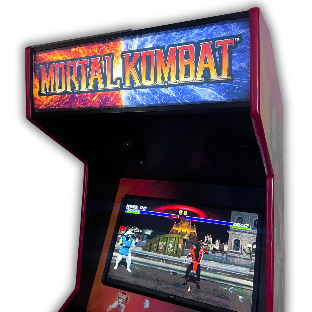 Angled view of Mortal Kombat Fire vs Ice arcade marquee supplied with full arcade cabinet wrap kit