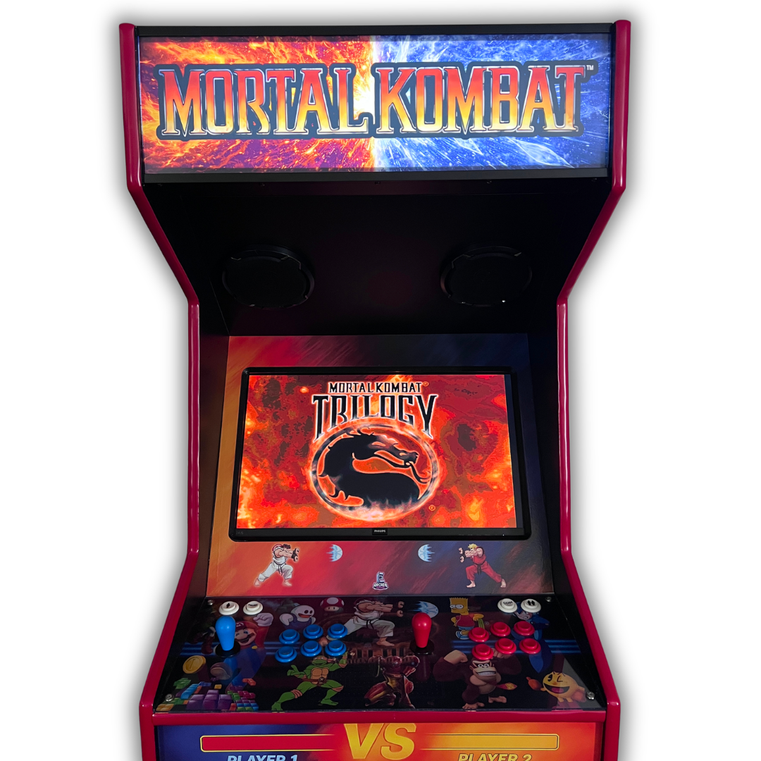 Mortal Kombat Fire vs Ice arcade wrap kit marquee installed on upright arcade cabinet with gameplay screen