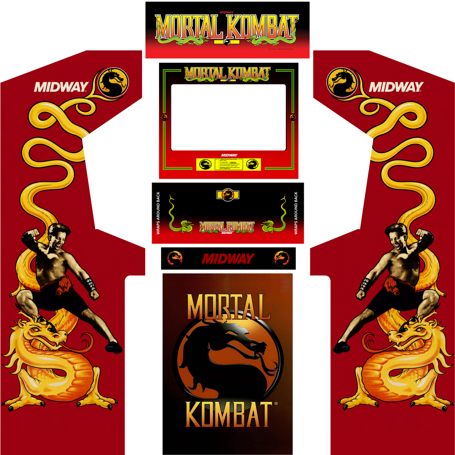 Mortal Kombat original arcade cabinet wrap kit featuring classic Midway artwork, dragon graphics and vintage arcade styling for Arcade Revival cabinets.