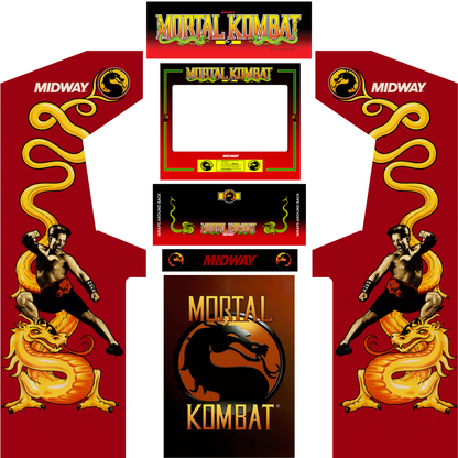 Mortal Kombat original arcade cabinet wrap kit featuring classic Midway artwork, dragon graphics and vintage arcade styling for Arcade Revival cabinets.