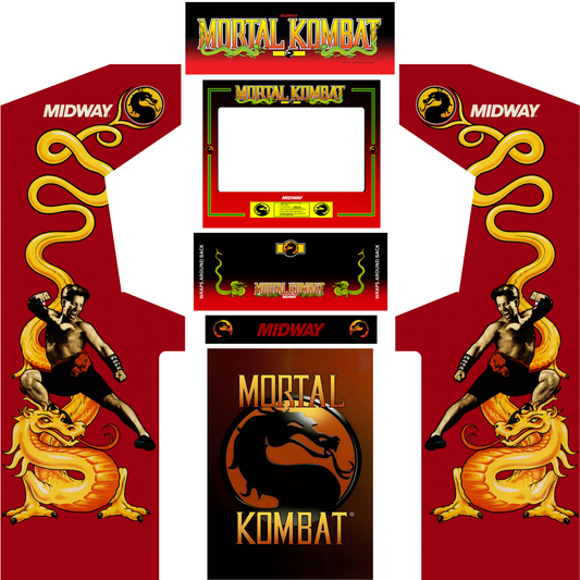 Mortal Kombat original arcade cabinet wrap kit featuring classic Midway artwork, dragon graphics and vintage arcade styling for Arcade Revival cabinets.