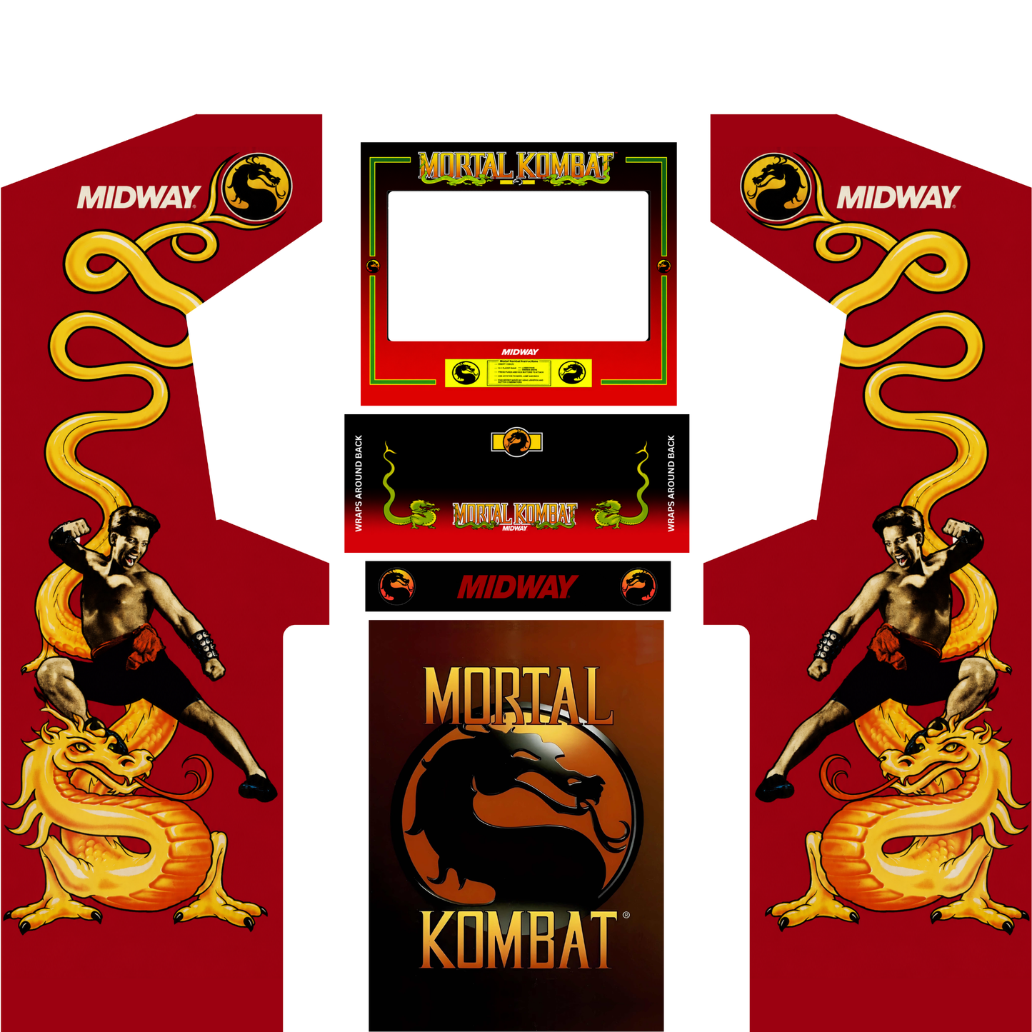 Mortal Kombat original arcade cabinet wrap kit without marquee featuring classic dragon artwork and authentic Midway arcade graphics.
