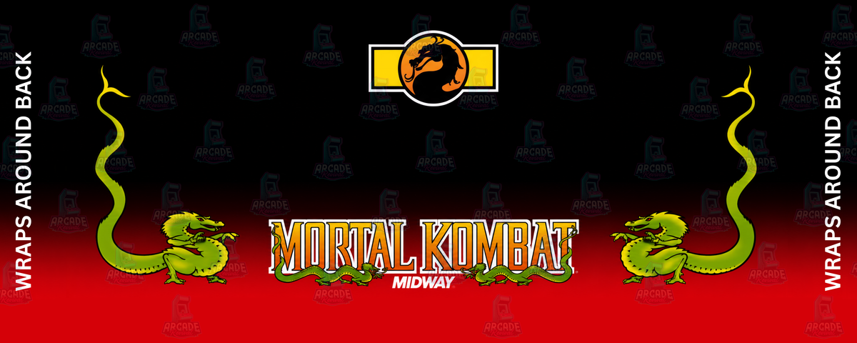 Mortal Kombat reproduction control panel overlay featuring original 1992 Midway artwork with bold Mortal Kombat logo twin green dragons and iconic dragon emblem against a deep black and red backdrop for DIY arcade cabinet builds.