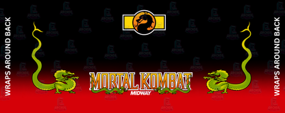 Mortal Kombat reproduction control panel overlay featuring original 1992 Midway artwork with bold Mortal Kombat logo twin green dragons and iconic dragon emblem against a deep black and red backdrop for DIY arcade cabinet builds.