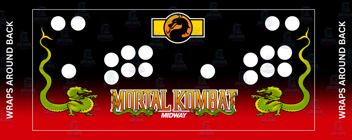 Mortal Kombat reproduction control panel overlay with 2 player button layout featuring original 1992 Midway artwork with bold Mortal Kombat logo twin green dragons and iconic dragon emblem against a deep black and red backdrop for DIY arcade cabinet builds.