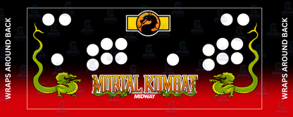 Mortal Kombat reproduction control panel overlay with 2 player button layout featuring original 1992 Midway artwork with bold Mortal Kombat logo twin green dragons and iconic dragon emblem against a deep black and red backdrop for DIY arcade cabinet builds.