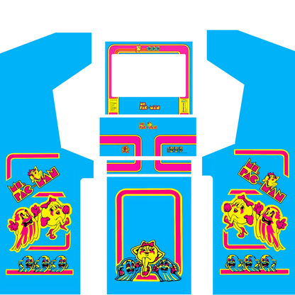 Ms Pac-Man arcade cabinet wrap kit without marquee including side panels, control panel artwork, monitor bezel and front cabinet graphics.