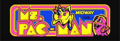 Ms. Pac-Man arcade marquee reproduction featuring the original 1981 Midway artwork with vibrant pink and yellow logo, Ms. Pac-Man character and ghost artwork on a bold black background for arcade cabinets
