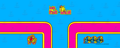 Ms. Pac-Man reproduction control panel overlay featuring original 1981 Midway artwork with vibrant pink and blue maze design Ms. Pac-Man logo character artwork and ghost imagery for DIY arcade cabinet builds.