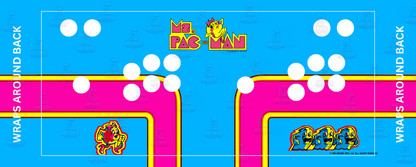Ms. Pac-Man reproduction control panel overlay with 2 player button layout featuring original 1981 Midway artwork with vibrant pink and blue maze design Ms. Pac-Man logo character artwork and ghost imagery for DIY arcade cabinet builds.