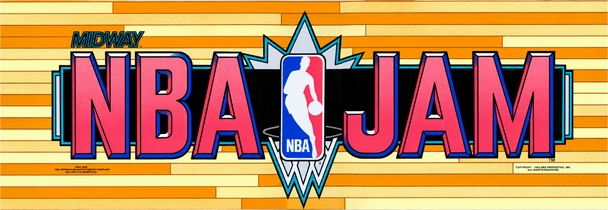 NBA Jam arcade marquee reproduction featuring the original 1993 Midway artwork with bold pink and blue NBA Jam logo and iconic NBA emblem against a hardwood court backdrop for arcade cabinets.