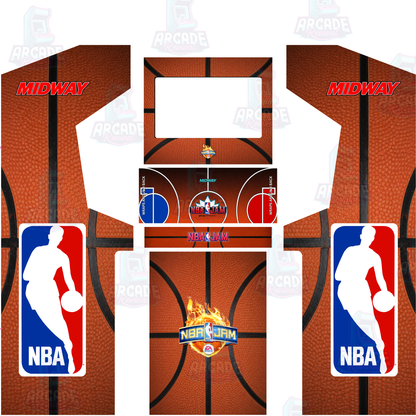 NBA Jam full arcade cabinet wrap kit layout without marquee showing side panels, monitor bezel, control panel overlay, kick panel and front panel