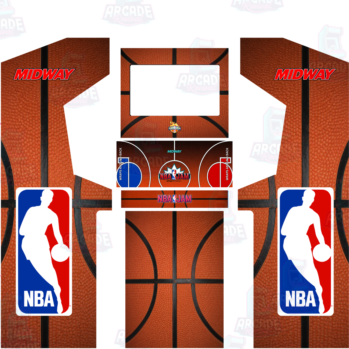 NBA Jam full arcade cabinet wrap kit layout without marquee showing side panels, monitor bezel, control panel overlay, kick panel and front panel