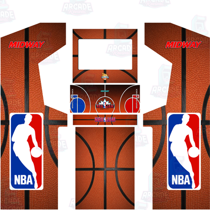 NBA Jam full arcade cabinet wrap kit layout without marquee showing side panels, monitor bezel, control panel overlay, kick panel and front panel