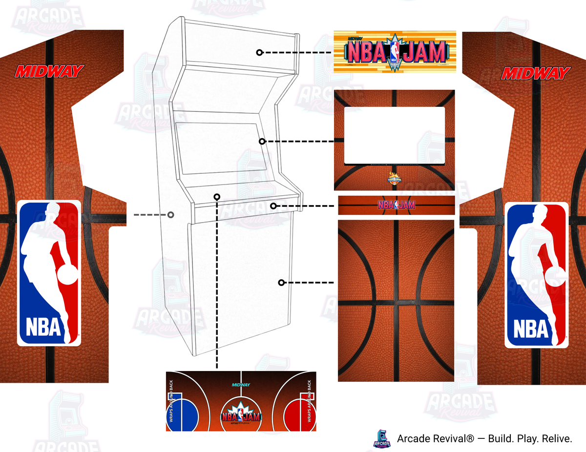 Mockup of the NBA Jam arcade cabinet wrap kit with original marquee showing side panels, control panel, front panel, kick panel and monitor bezel placement