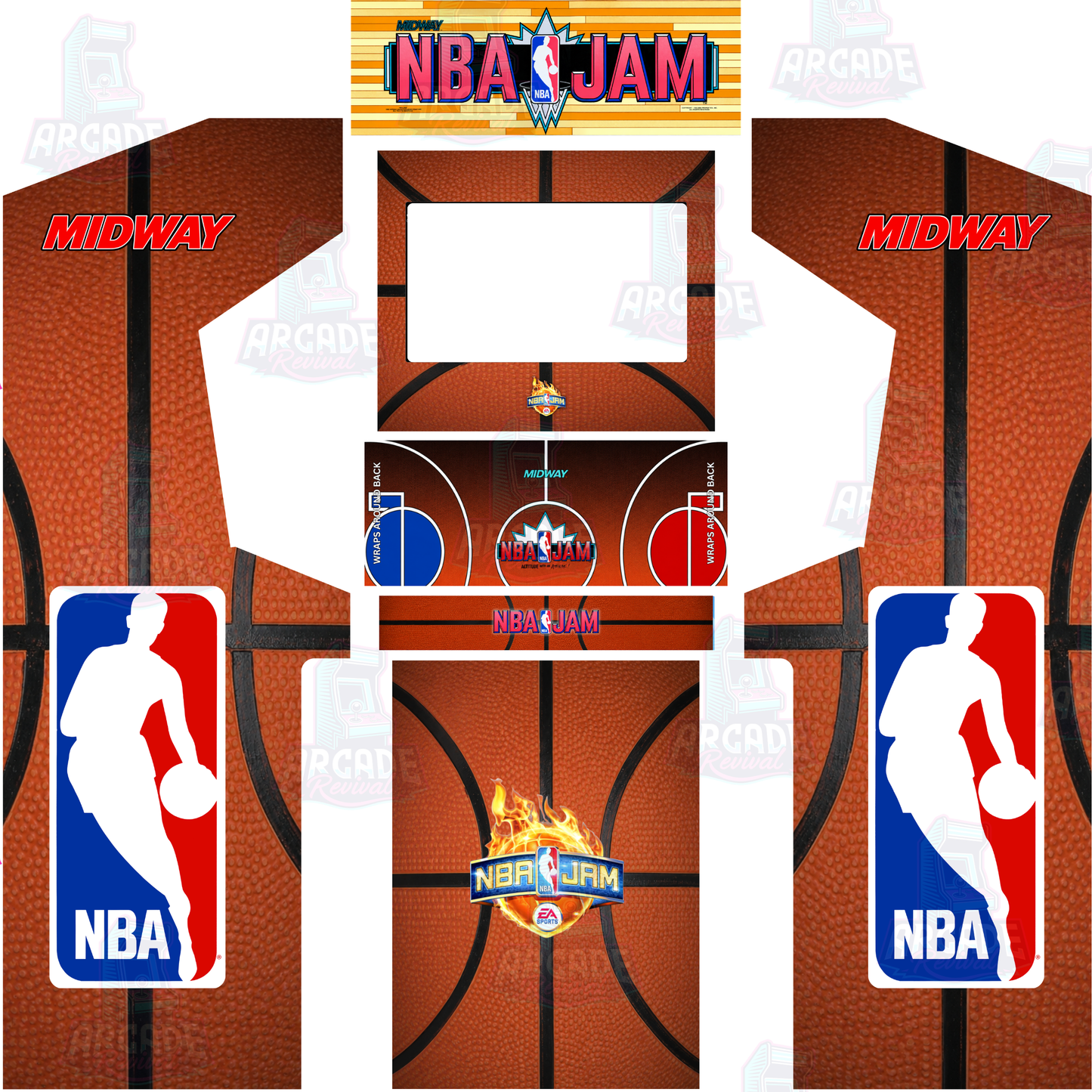 NBA Jam full arcade cabinet wrap kit layout with original marquee showing side panels, monitor bezel, control panel overlay, kick panel and front panel