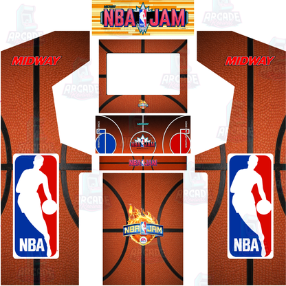 NBA Jam full arcade cabinet wrap kit layout with original marquee showing side panels, monitor bezel, control panel overlay, kick panel and front panel