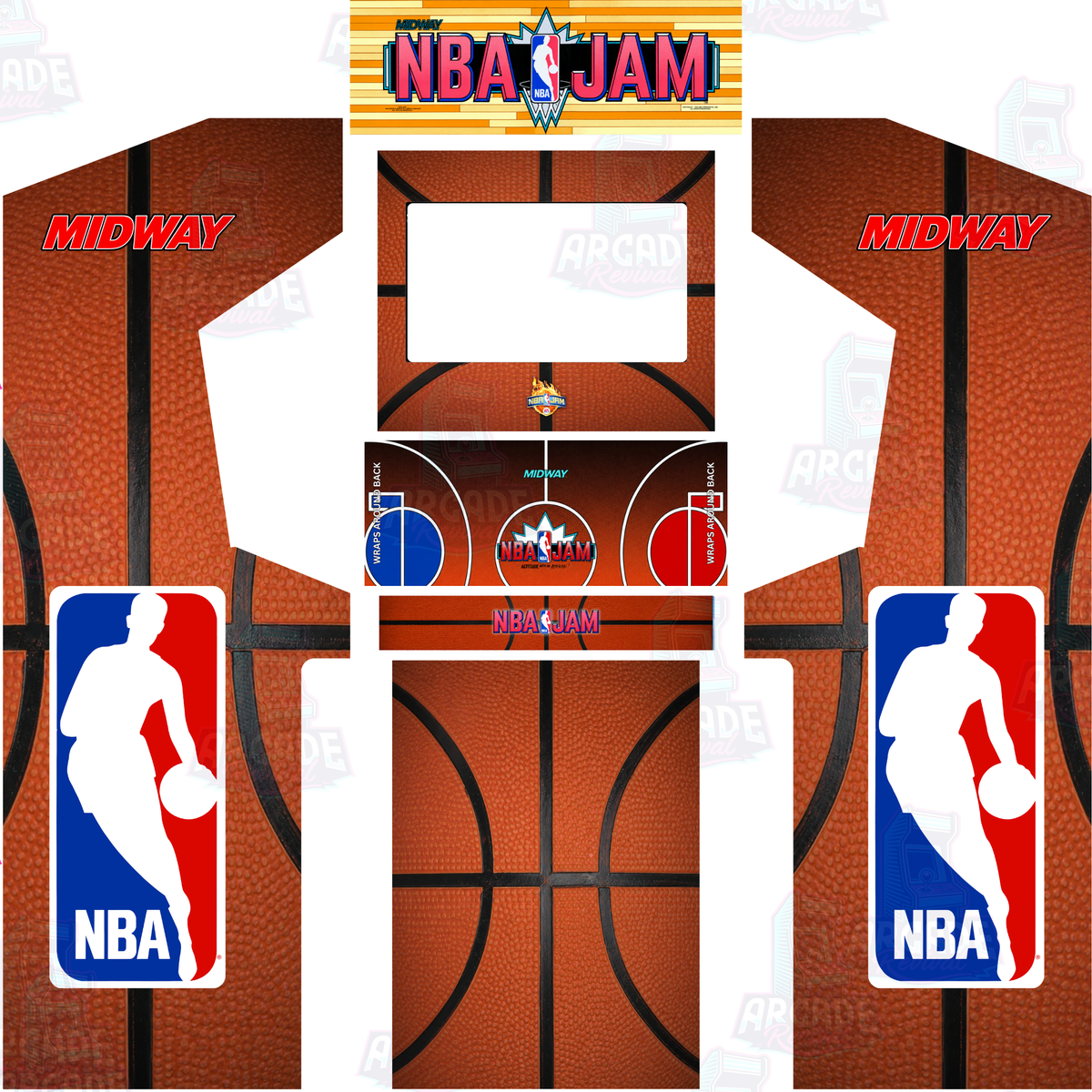NBA Jam full arcade cabinet wrap kit layout with original marquee showing side panels, monitor bezel, control panel overlay, kick panel and front panel