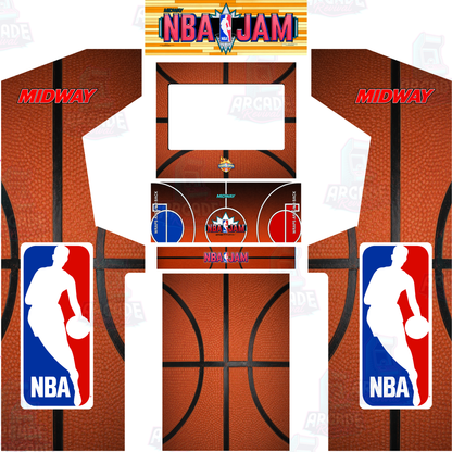 NBA Jam full arcade cabinet wrap kit layout with original marquee showing side panels, monitor bezel, control panel overlay, kick panel and front panel