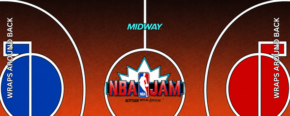 NBA Jam Tournament Edition arcade control panel overlay reproduction featuring bold NBA Jam Tournament Edition logo set against a full basketball court design with blue and red key zones for DIY arcade cabinet builds.