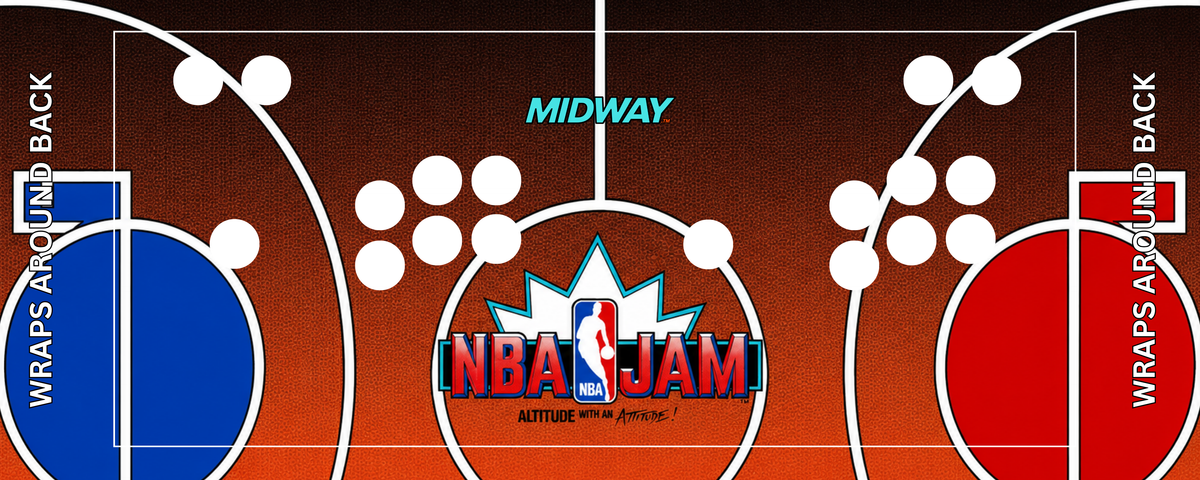 NBA Jam Tournament Edition arcade control panel overlay reproduction with 2 player button layout featuring bold NBA Jam Tournament Edition logo and full basketball court design with blue and red key zones for DIY arcade cabinet builds