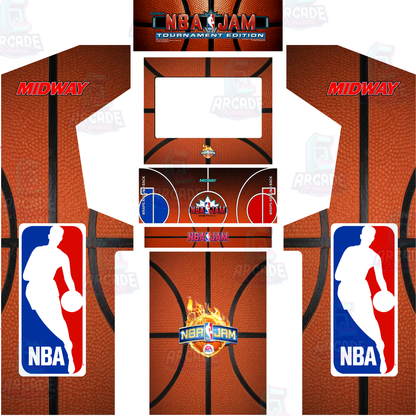 NBA Jam Tournament Edition full arcade cabinet wrap kit layout showing side panels, monitor bezel, control panel overlay, kick panel, front panel and marquee