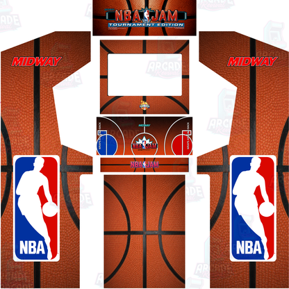 NBA Jam Tournament Edition full arcade cabinet wrap kit layout showing side panels, monitor bezel, control panel overlay, kick panel, front panel and marquee