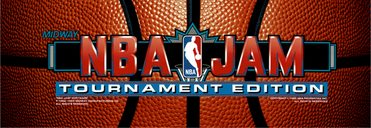NBA Jam Tournament Edition reproduction marquee featuring the original 1993 Midway artwork with bold red and chrome logo and iconic NBA emblem against a basketball texture backdrop for arcade cabinets.