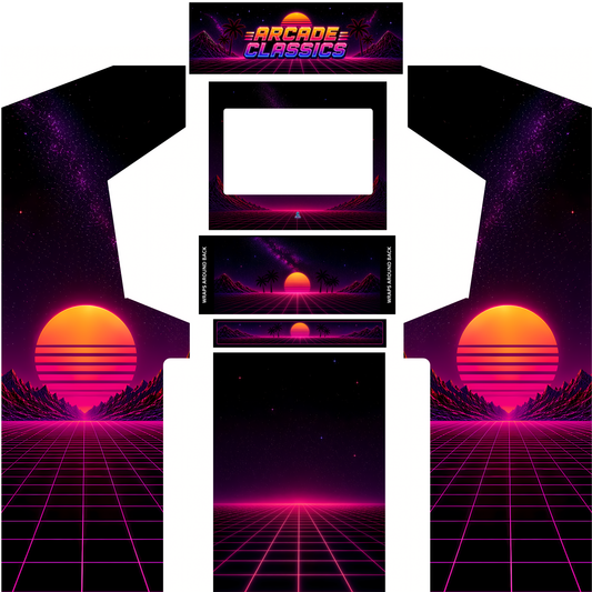 retro synthwave arcade cabinet wrap kit Neon Horizon with Arcade Classics marquee option and full panel layout