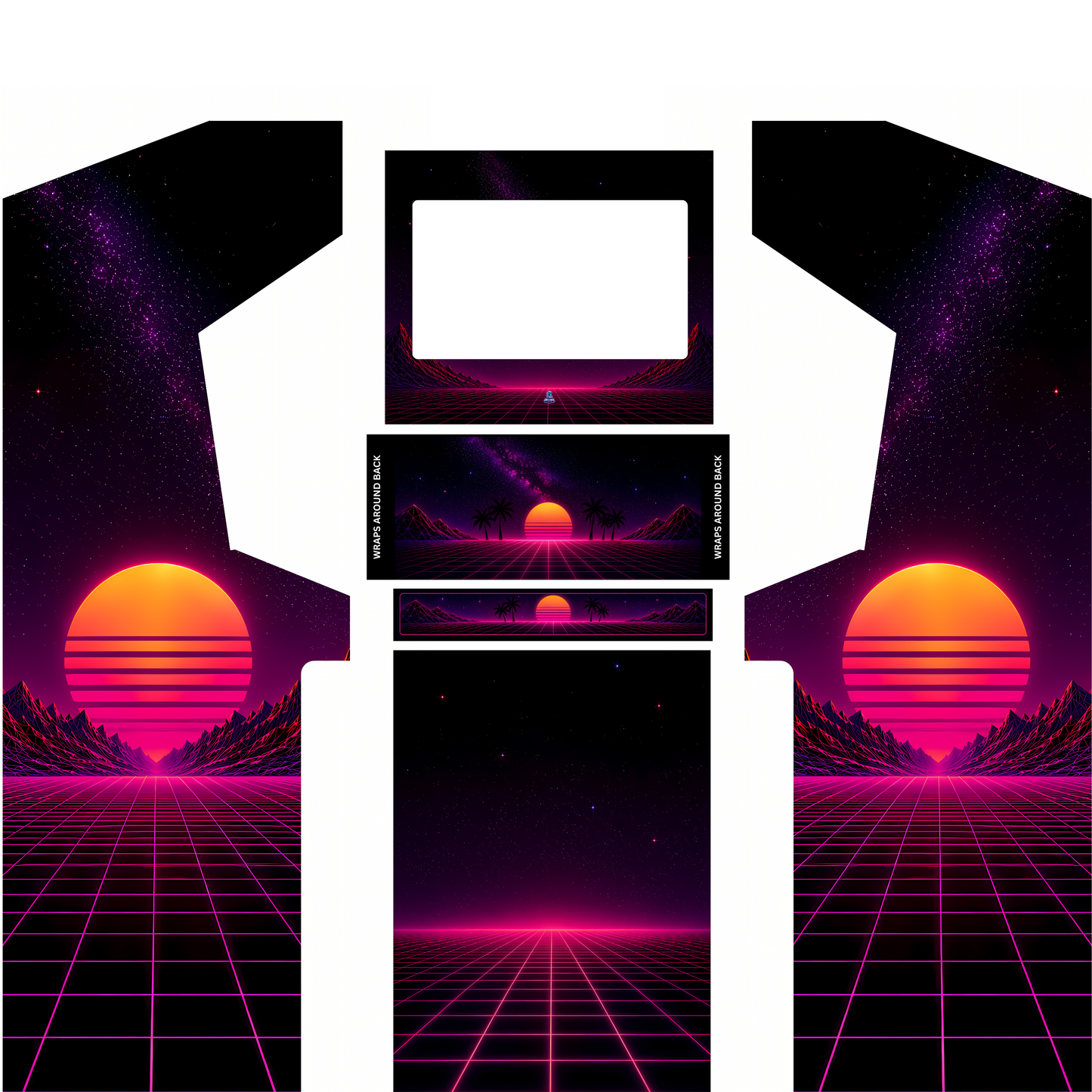 Neon Horizon arcade cabinet wrap full kit without marquee showing side panels, control panel and bezel in retro synthwave design