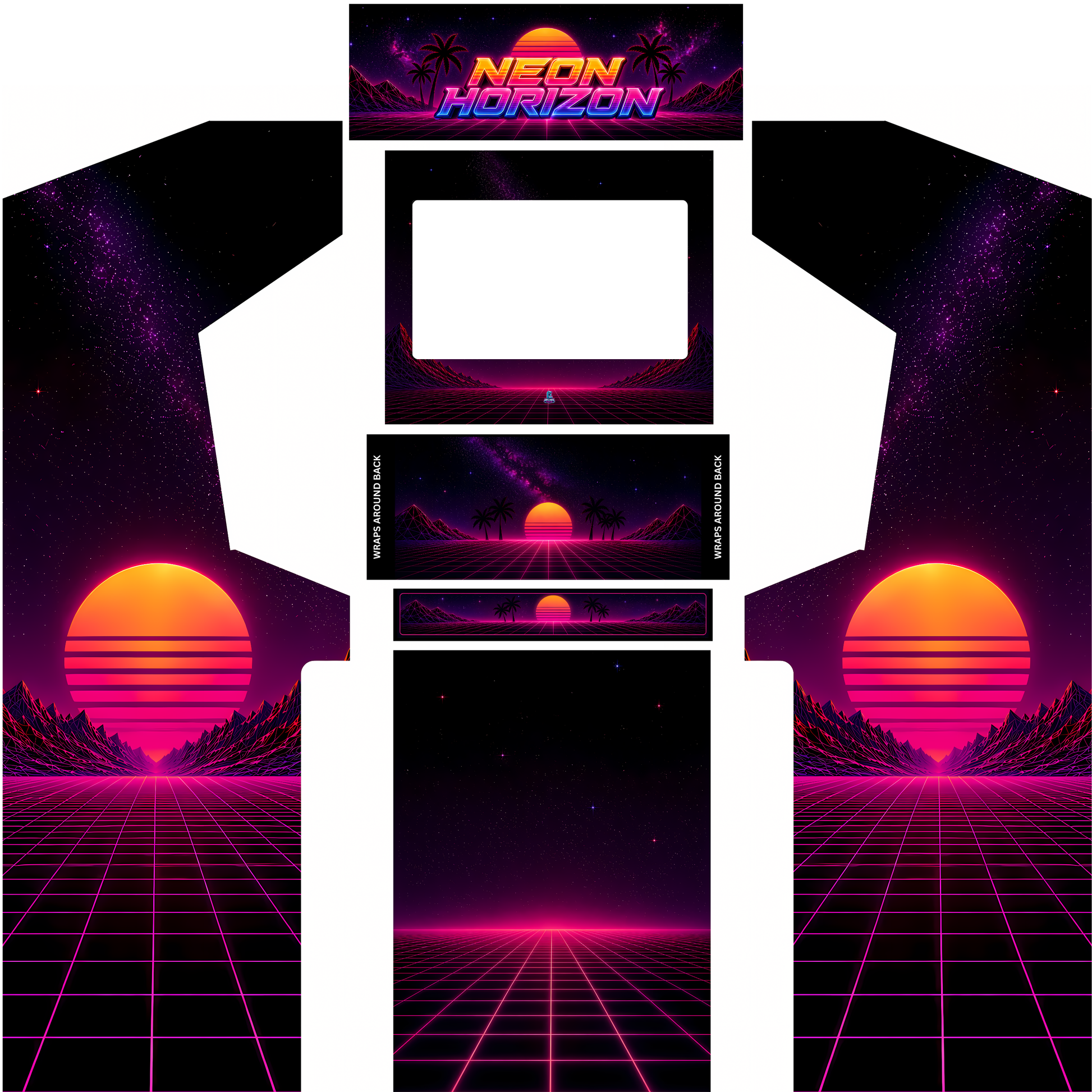 Neon Horizon synthwave arcade cabinet wrap full kit with marquee including side panels, control panel and bezel artwork