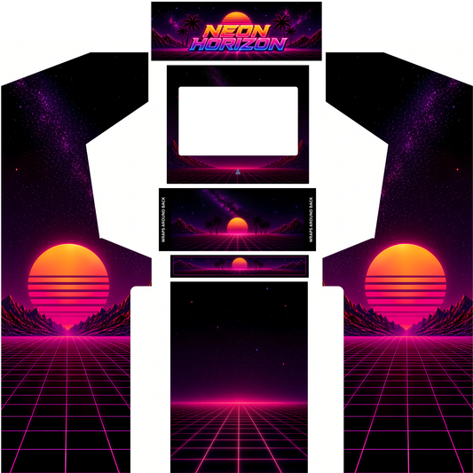 Neon Horizon synthwave arcade cabinet wrap full kit with marquee including side panels, control panel and bezel artwork