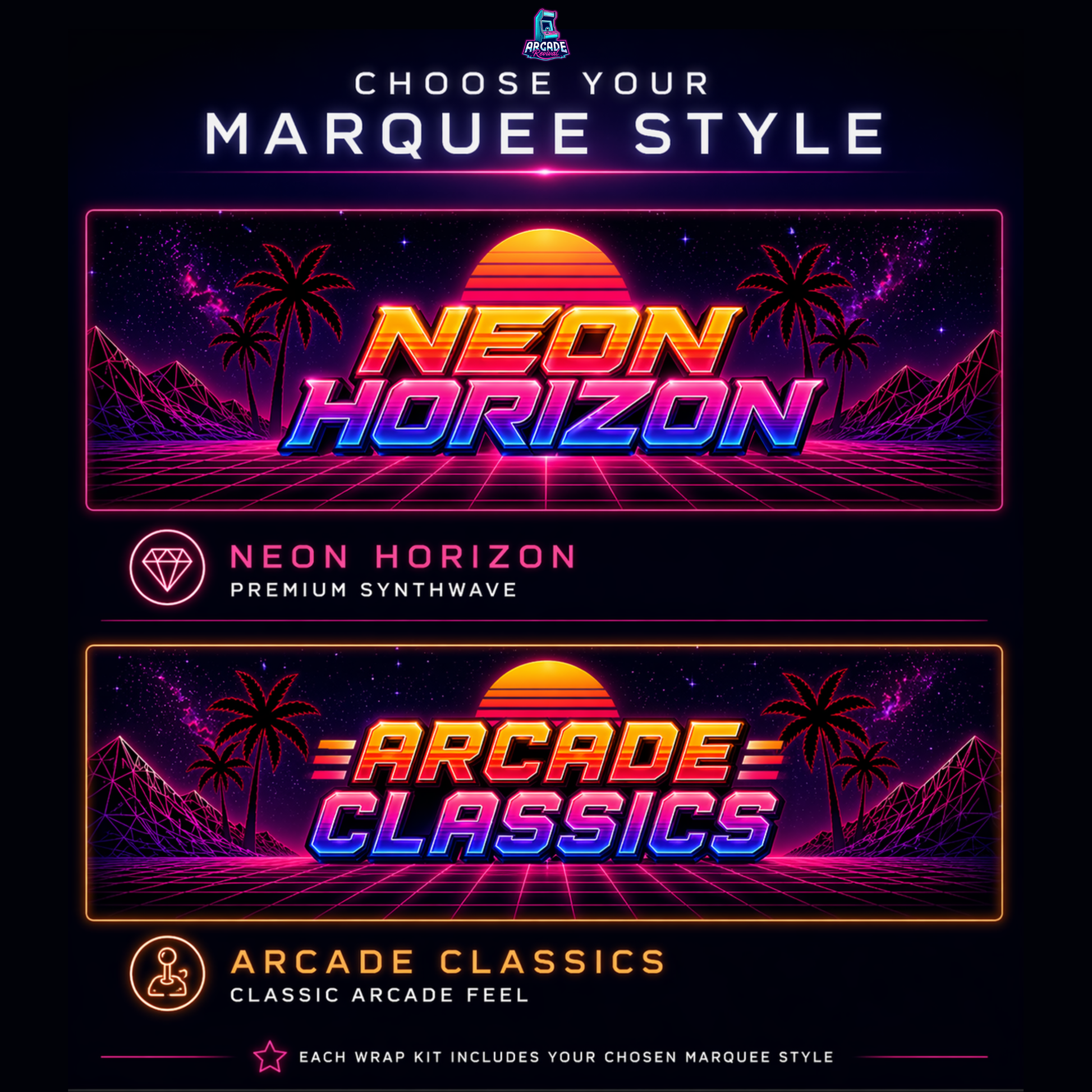 Neon Horizon synthwave arcade cabinet wrap showing marquee options Neon Horizon and Arcade Classics retro arcade design
