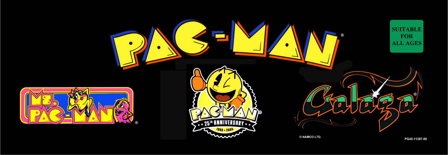 Pac-Man 25th Anniversary arcade marquee reproduction featuring classic Pac-Man and Ms. Pac-Man logos with Galaga artwork and anniversary emblem for arcade cabinets.