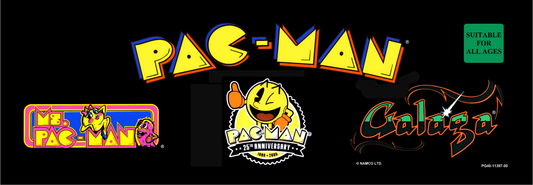 Pac-Man 25th Anniversary arcade marquee reproduction featuring classic Pac-Man and Ms. Pac-Man logos with Galaga artwork and anniversary emblem for arcade cabinets.