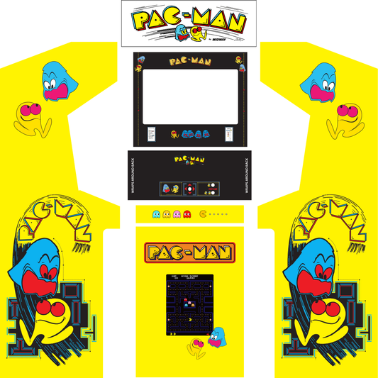 Pac-Man arcade cabinet wrap kit for Arcade Revival cabinets including side panels, control panel, monitor bezel, front cabinet graphics and marquee.